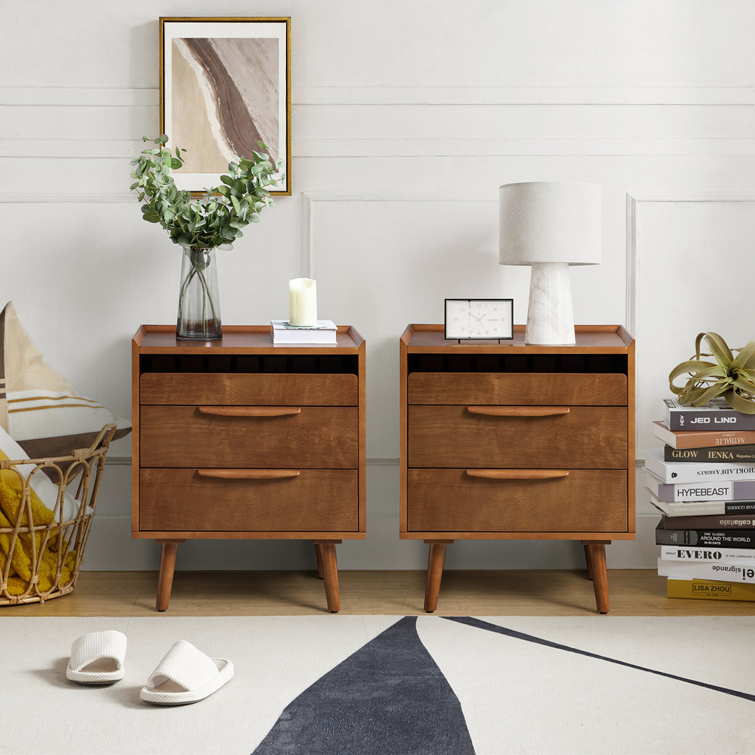 Sebrina Mid-century Modern 24''W 3-Drawer End Table with Charging Station and Solid Wood Legs